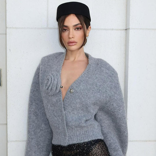 Damen cropped Chiffon-Jacke mit Blumenapplikationen Heidi-Mode