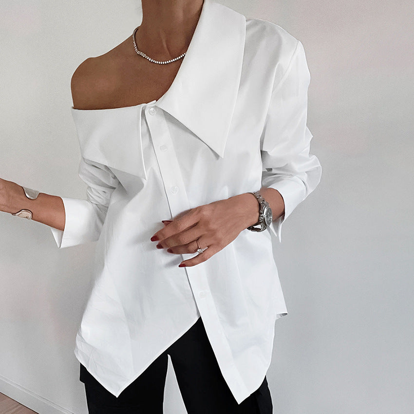 Damen Oversized Hemdbluse mit asymmetrischem Ausschnitt und voluminösen Ärmeln Heidi-Mode