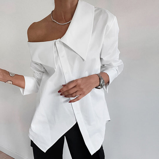 Damen Oversized Hemdbluse mit asymmetrischem Ausschnitt und voluminösen Ärmeln Heidi-Mode