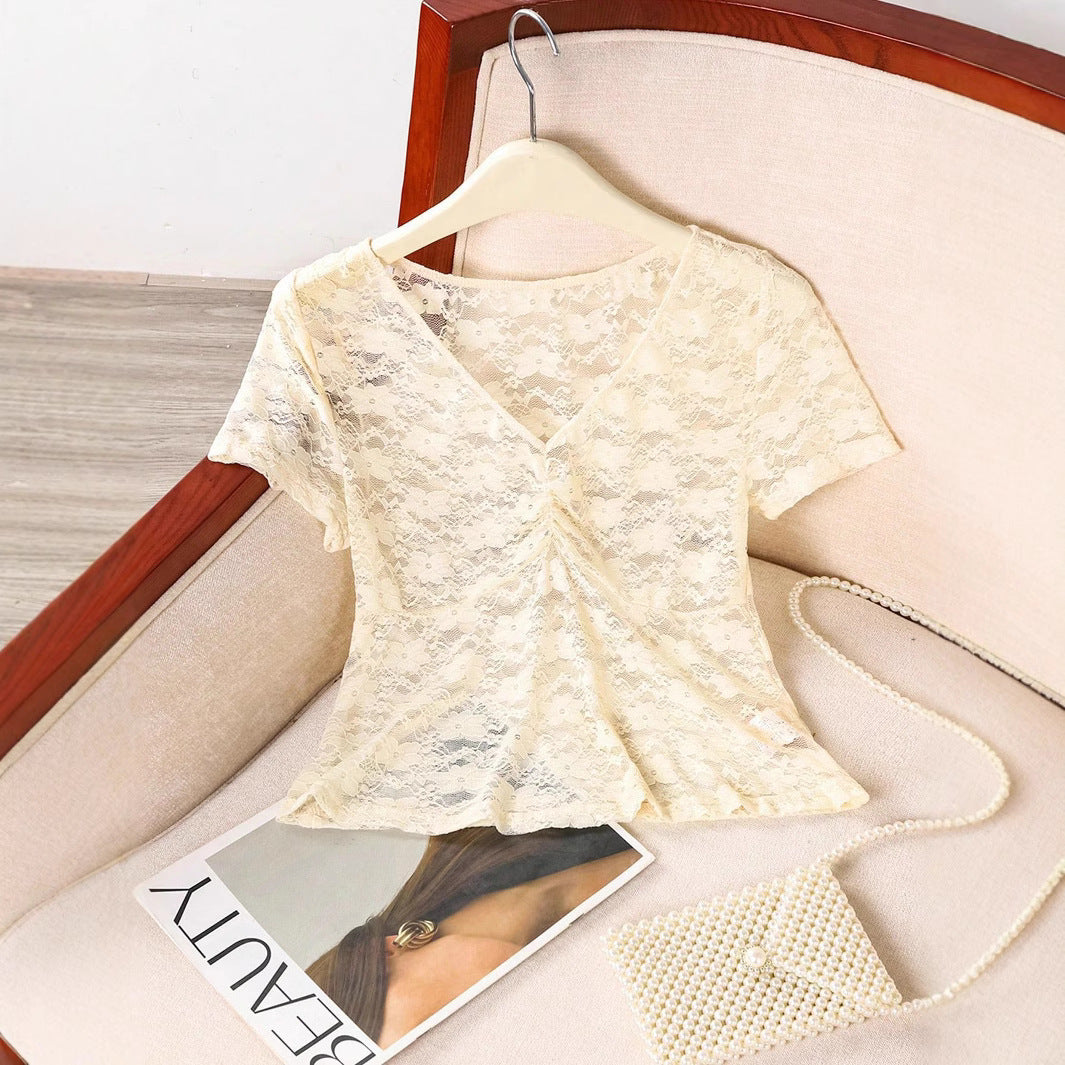 Damen Spitze Oberteil mit V-Ausschnitt und gerafftem Design Heidi-Mode