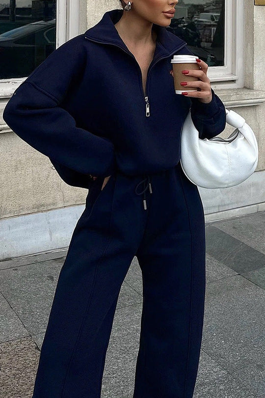 Heidi-Mode | Vibes Halb Offenes Pullover Sweatshirt und Hose Zwei Teiliges Satz