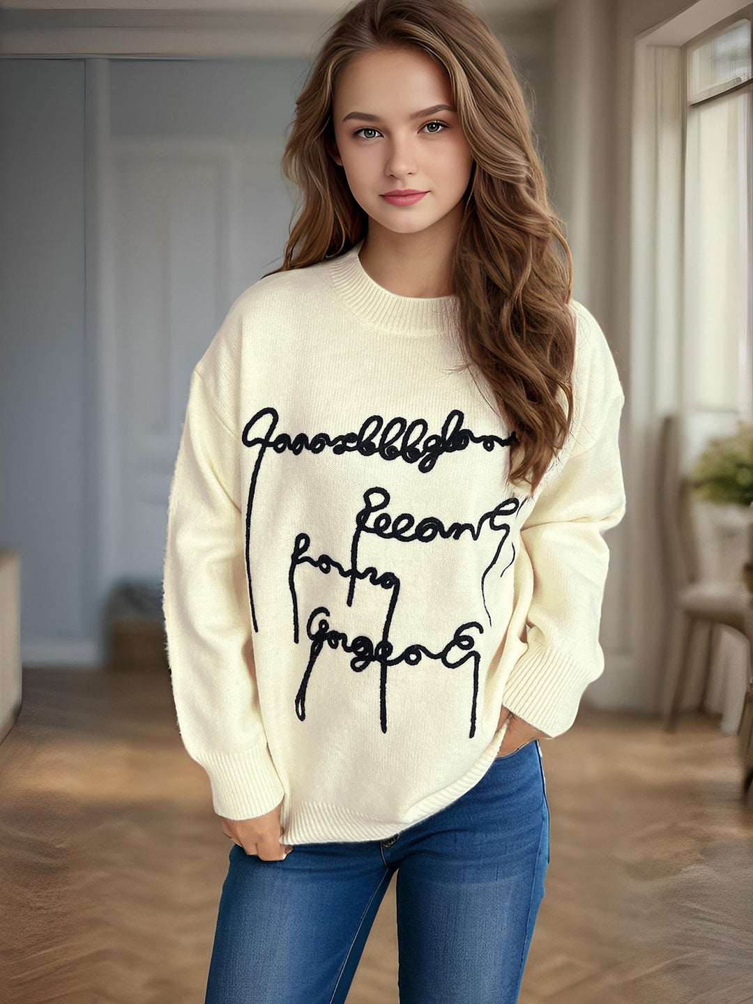 Damen lässiger Pullover mit kreativem Schriftzug Heidi-Mode