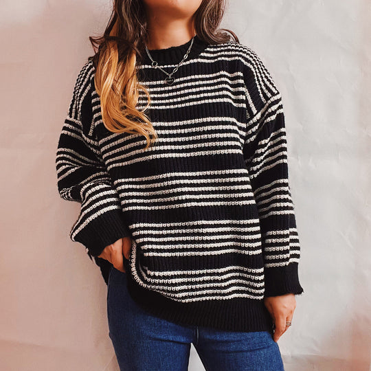 Damen lässiger Strickpullover mit breiten Streifen und überschnittenen Schultern Heidi-Mode