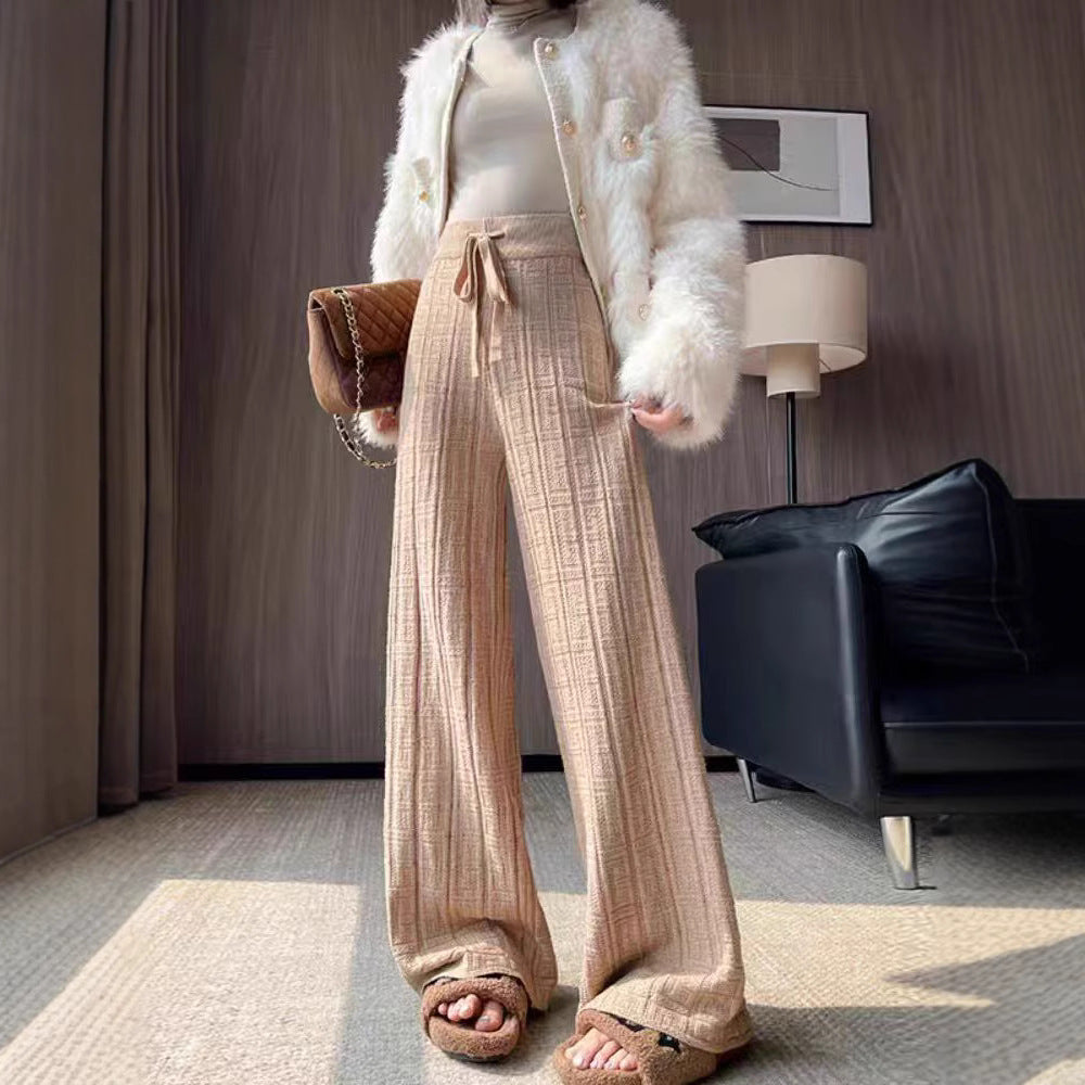 Damen Weit geschnittene Leinenhose mit elastischem Bund und gestreiftem Design Heidi-Mode