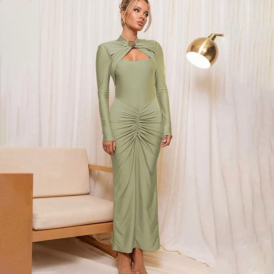 Damen Schulterfreies Kleid mit Raffungen und langem Arm Heidi-Mode