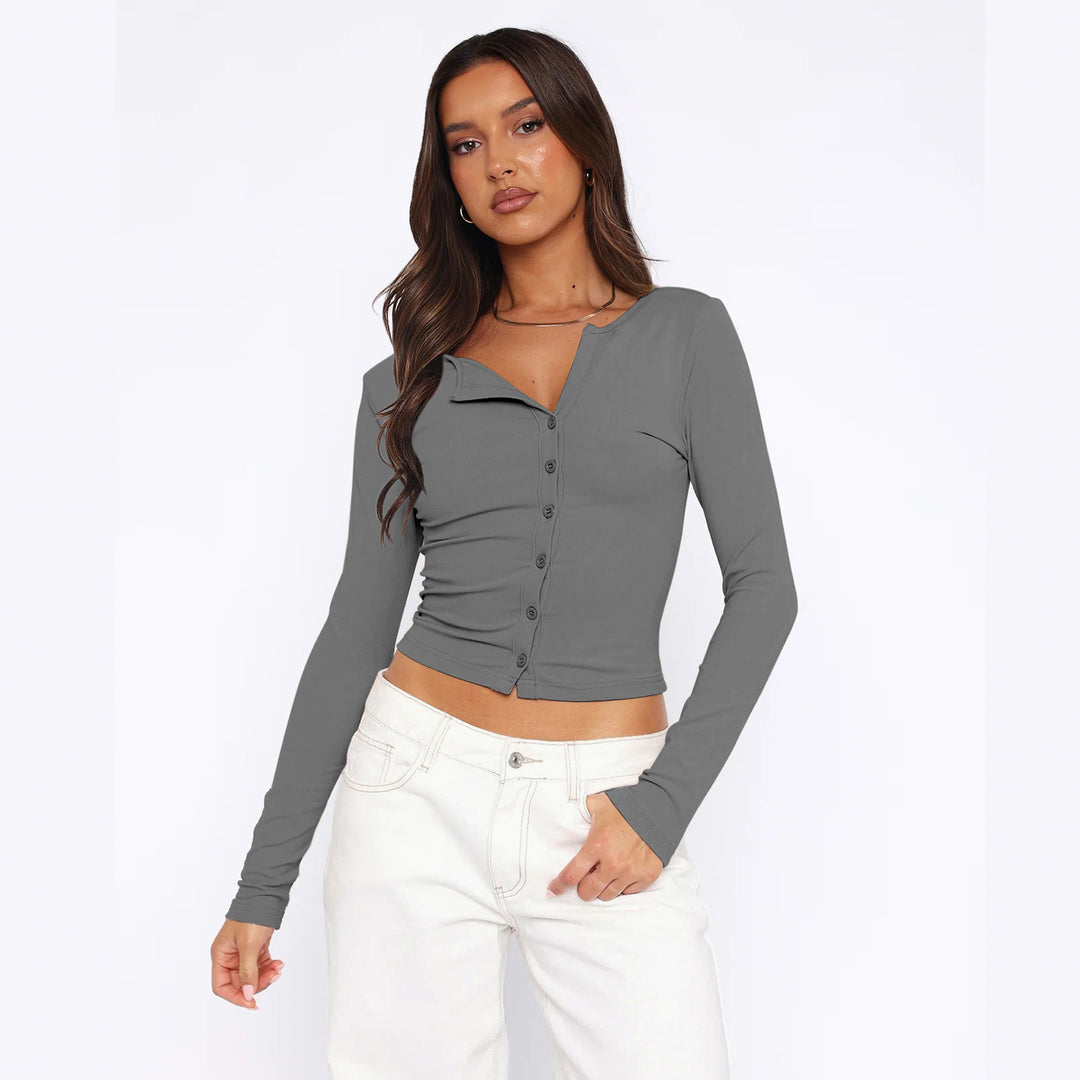 Damen figurbetontes Langarmshirt mit Knopfleiste Heidi-Mode