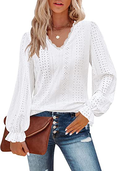 Damen Bluse mit Spitzenmuster und Ballonärmeln Heidi-Mode