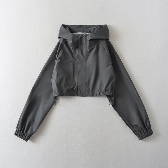 Damen cropped Windjacke mit verstellbarem Kordelzug und hohem Kragen Heidi-Mode