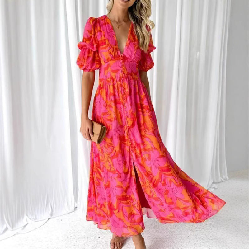 Damen Maxikleid mit Blumenmuster und V-Ausschnitt Heidi-Mode