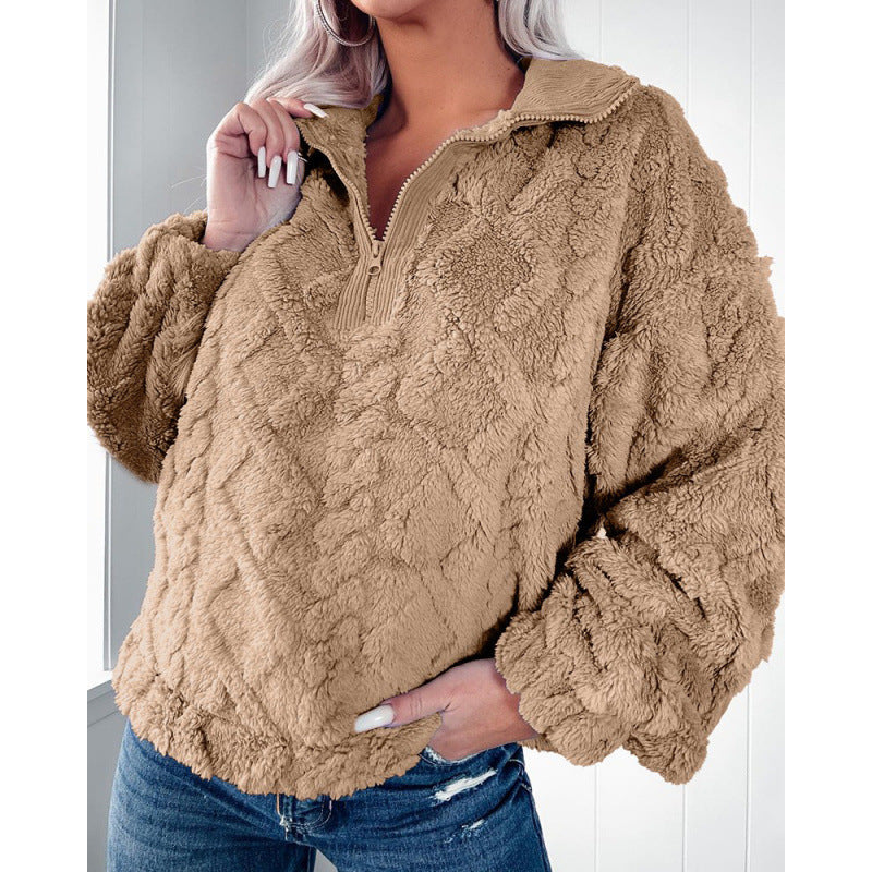 Damen Kuscheliger Fleece-Pullover mit hohem Kragen und Halb-Reißverschluss Heidi-Mode