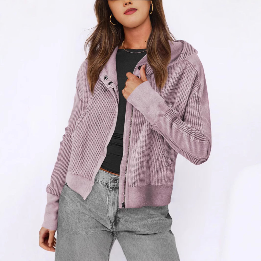 Damen lässige Zip-Jacke mit Kapuze und strukturiertem Design Heidi-Mode