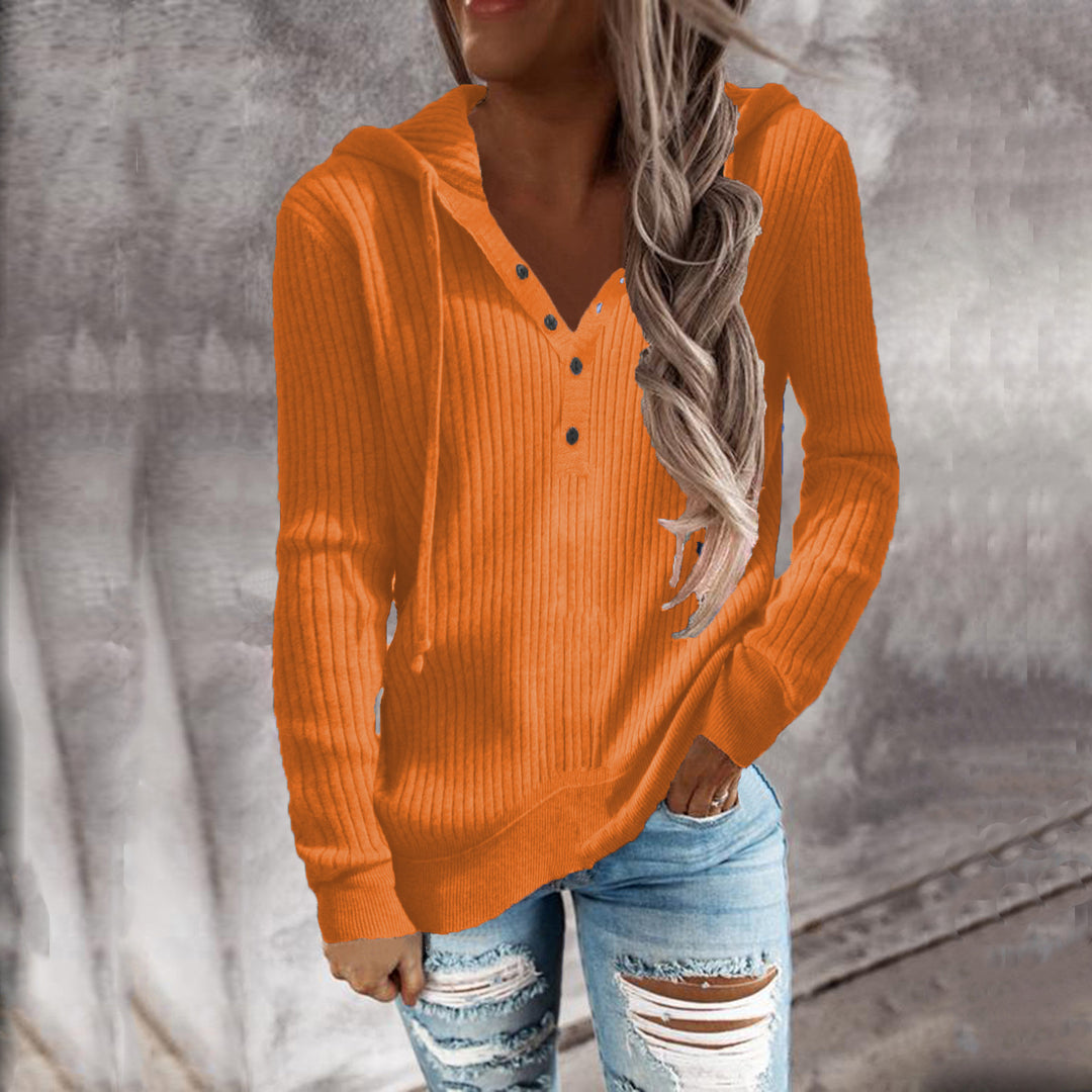Damen Kapuzenpullover mit feinem Rippstrick und Knopfleiste Heidi-Mode