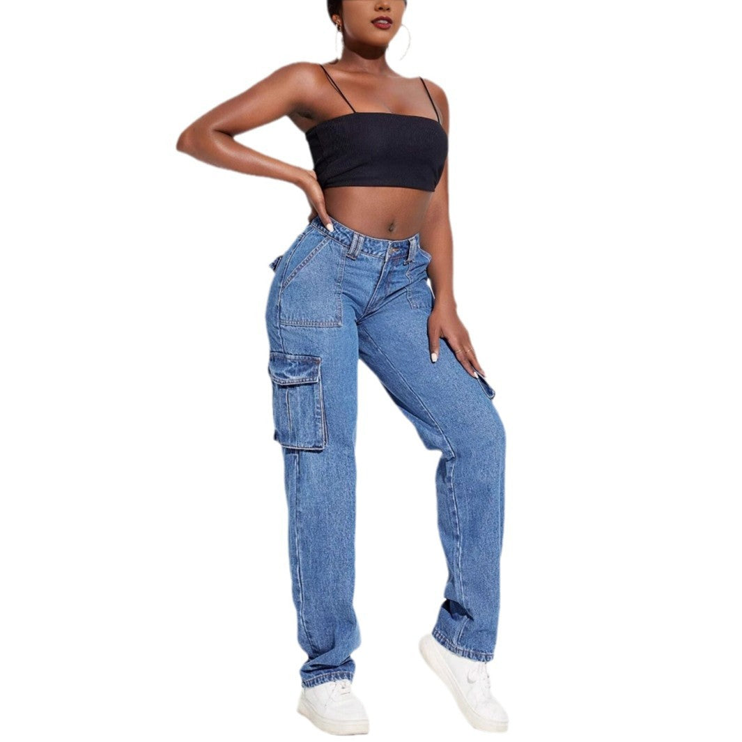 Damen Vintage Cargo Jeans mit elastischem Bund und seitlichen Taschen Heidi-Mode