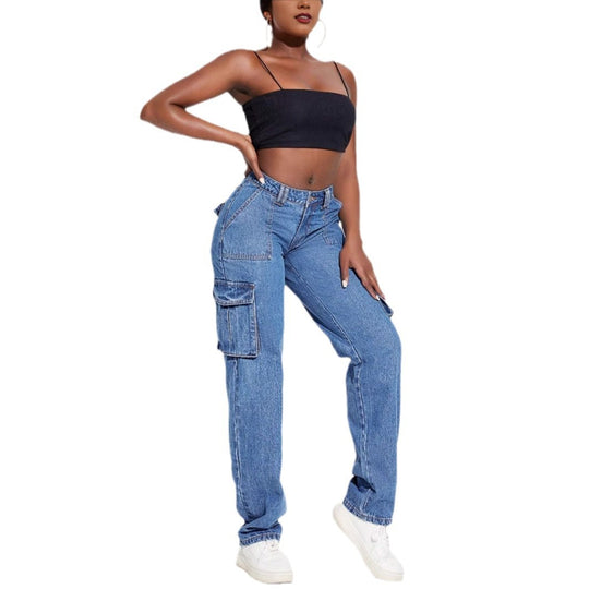Damen Vintage Cargo Jeans mit elastischem Bund und seitlichen Taschen Heidi-Mode