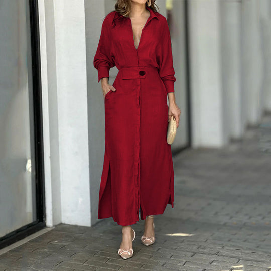 Damen Maxikleid aus leichtem Leinen mit eleganter Knopfleiste und praktischen Seitenschlitzen Heidi-Mode