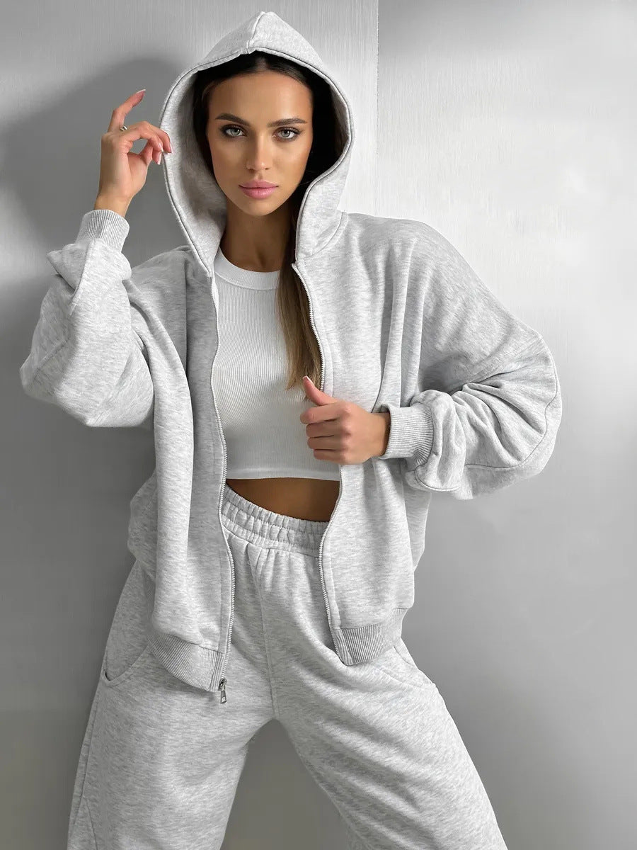 Damen sportlicher Zip-Hoodie- und weite Jogginghose-Set Heidi-Mode