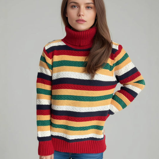 Damen Rollkragenpullover mit farbenfrohen Streifen und hochwertiger Strickqualität Heidi-Mode
