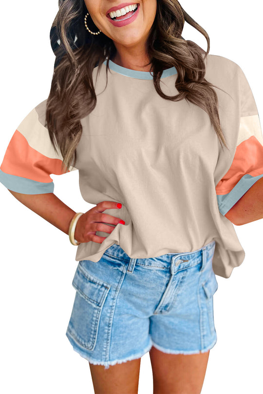 Damen lässiges T-Shirt mit farbenfrohen Ärmeln und weitem Schnitt Heidi-Mode
