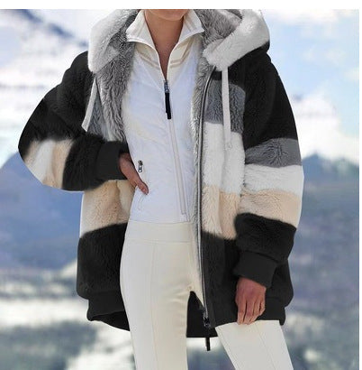 Damen Modische und warme Fleecejacke mit Kapuze und blockartigem Design Heidi-Mode