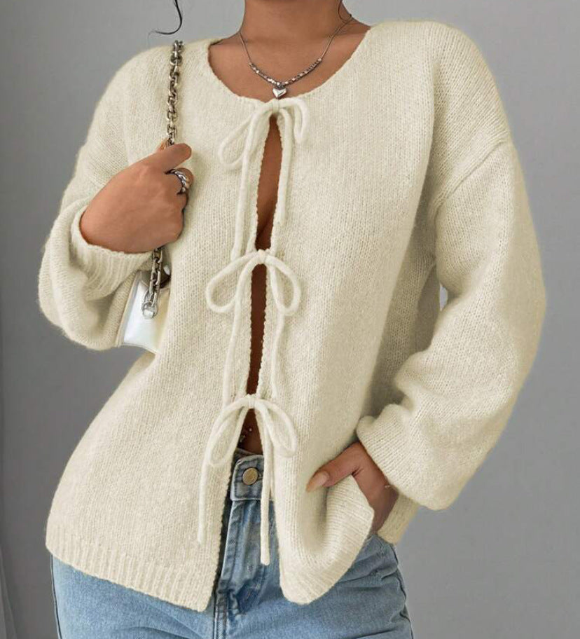 Damen Oversized Strickpullover mit dekorativem Schnürdetail Heidi-Mode