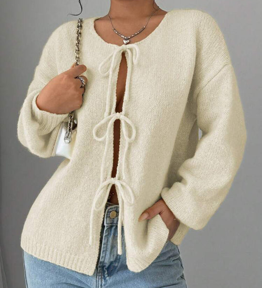 Damen Oversized Strickpullover mit dekorativem Schnürdetail Heidi-Mode