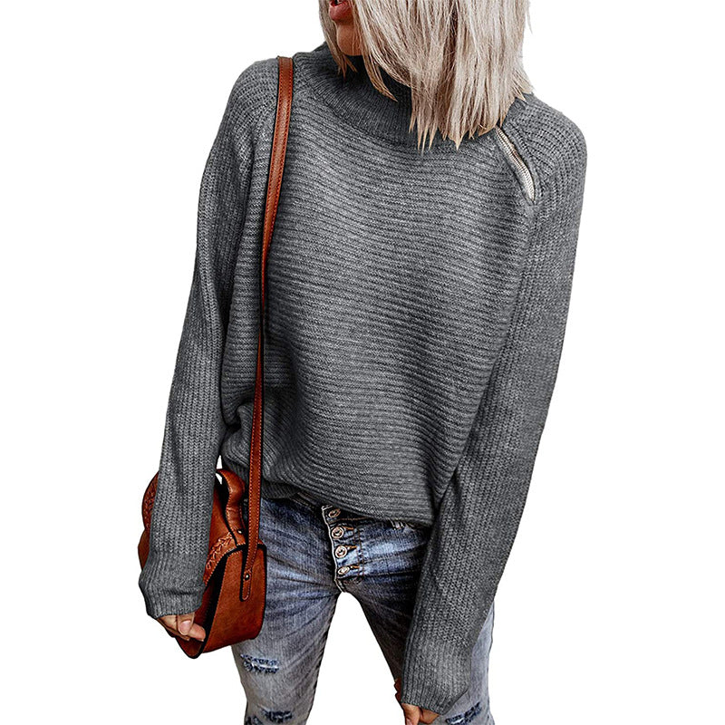 Damen lässiger Strickpullover mit hochgeschlossenem Kragen und dekorativen Nähten Heidi-Mode