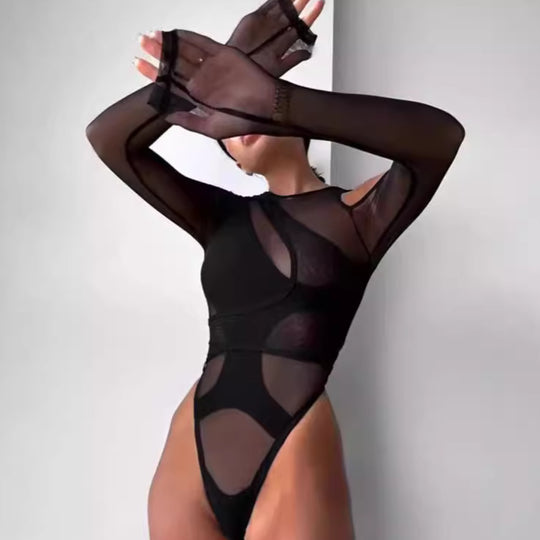 Damen Trendy Bodysuit mit asymmetrischem Design und transparenten Einsätzen Heidi-Mode