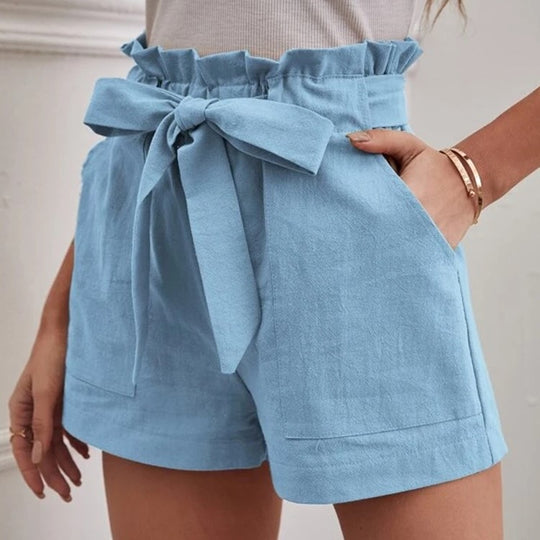 Damen kurze Lockere Leinenhose mit Bindegürtel Heidi-Mode