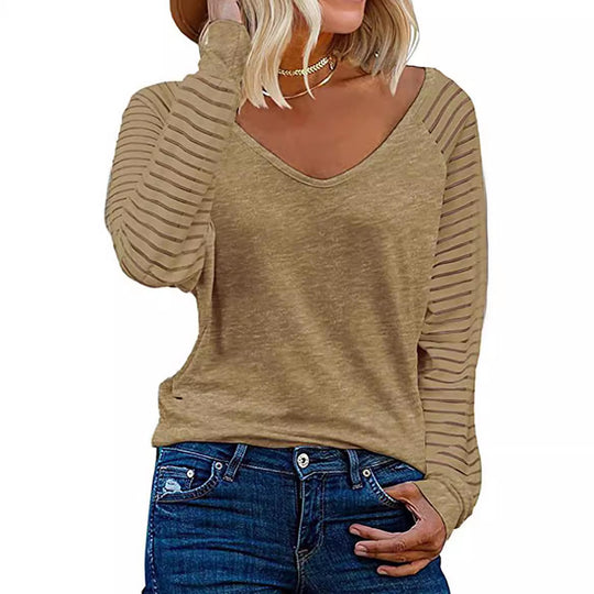 Damen Langärmliges V-Ausschnitt Shirt mit gestreiften Ärmeln Heidi-Mode