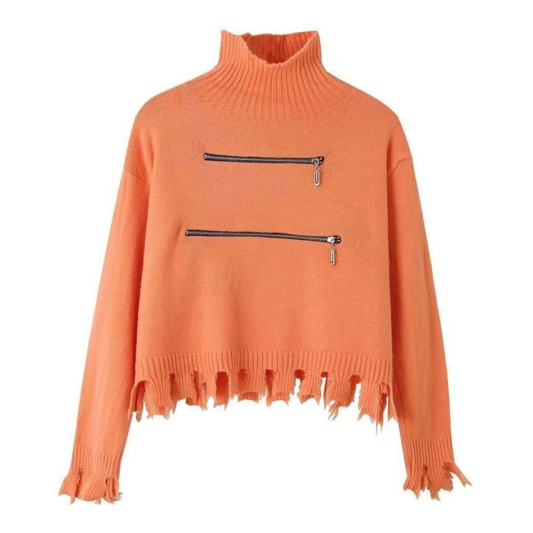 Damen stylischer Stehkragenpullover mit zwei asymmetrischen Reißverschlusstaschen und fransigem Saum Heidi-Mode