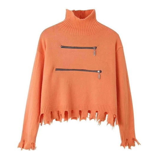 Damen stylischer Stehkragenpullover mit zwei asymmetrischen Reißverschlusstaschen und fransigem Saum Heidi-Mode
