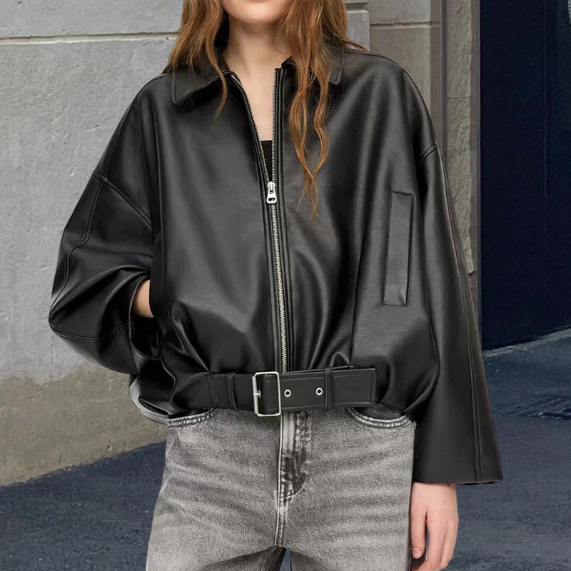 Damen Oversized Kunstlederjacke mit flauen Schultern und praktischen Druckknöpfen Heidi-Mode