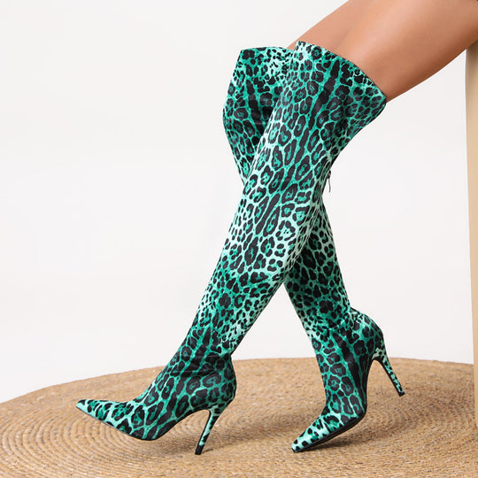 Femme Über-die-Knie Stiletto Stiefel mit auffälligem Tierdruck Heidi-Mode