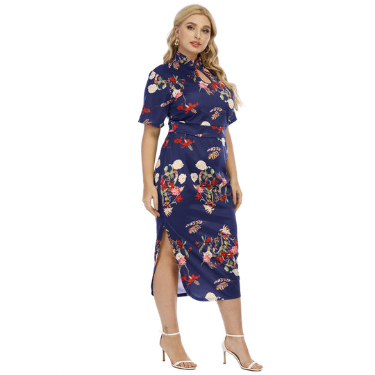 Damen elegantes Blusenkleid mit floralem Muster und hohem Kragen Heidi-Mode