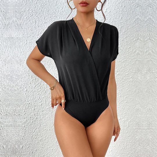 Damen Body mit eleganter Wickeloptik und kurzen Ärmeln Heidi-Mode