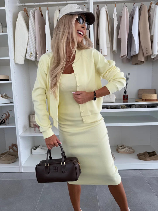 Damen elegantes Set aus figurbetontem Kleid und lässiger Jacke mit Druckknopf Heidi-Mode