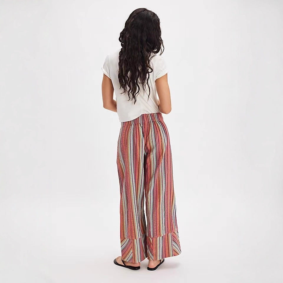 Damen weite gestreifte Sommerhose mit elastischem Bund und Taschen Heidi-Mode