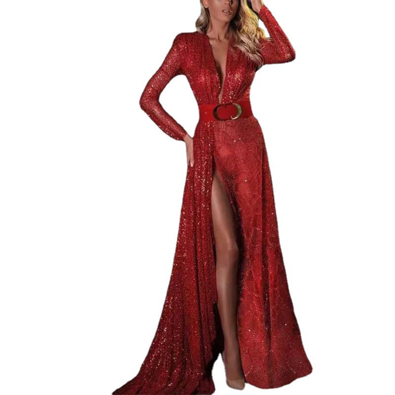 Damen Glitzerndes Abendkleid mit tiefem V-Ausschnitt und Eleganter Schleppe Heidi-Mode