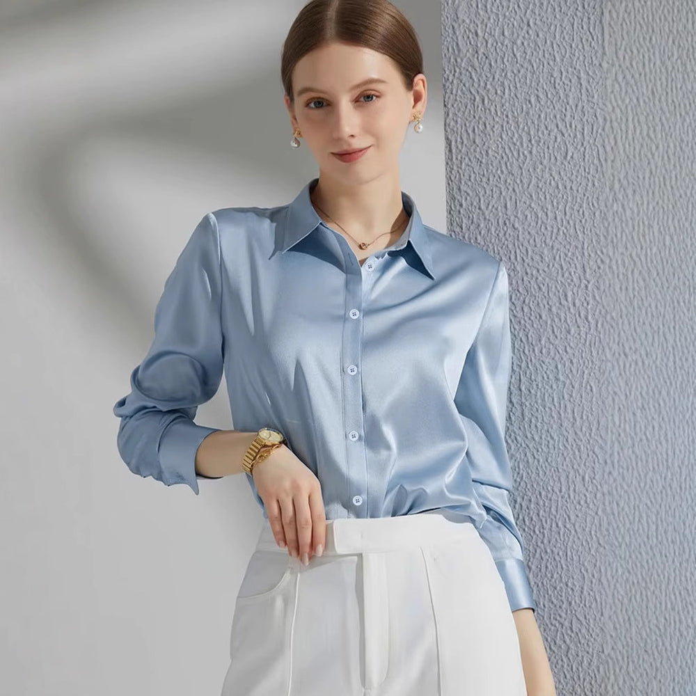 Damen Luxus Satin-Bluse mit elegantem Kragen und weichen Ärmeln Heidi-Mode