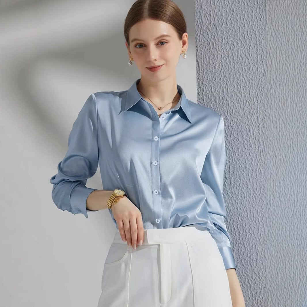 Damen Luxus Satin-Bluse mit elegantem Kragen und weichen Ärmeln Heidi-Mode