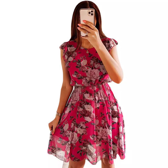 Damen Sommerkleid mit zarten Rüschendetails und Taillengürtel Heidi-Mode