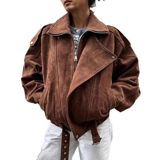 Damen modischer Wildleder-Style Oversized-Jacke mit Gürtel Heidi-Mode