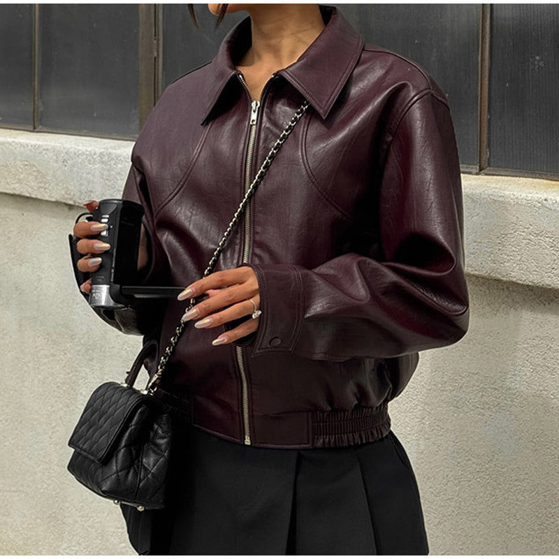 Damen modische Kunstlederjacke im lässigen Schnitt mit elastischem Bund Heidi-Mode