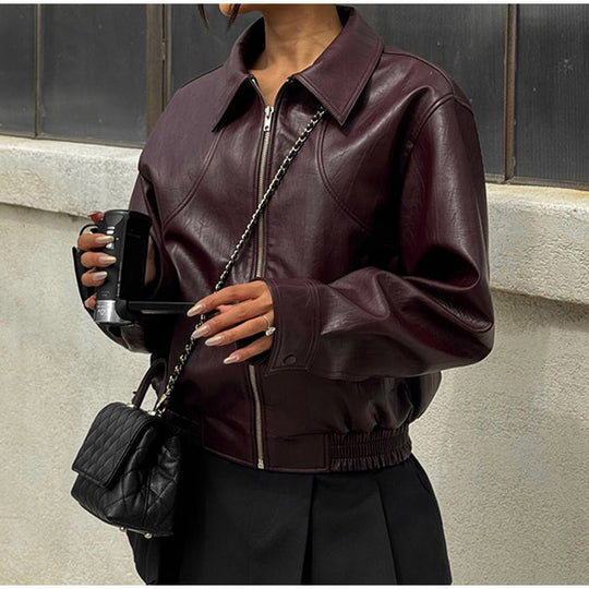 Damen modische Kunstlederjacke im lässigen Schnitt mit elastischem Bund Heidi-Mode
