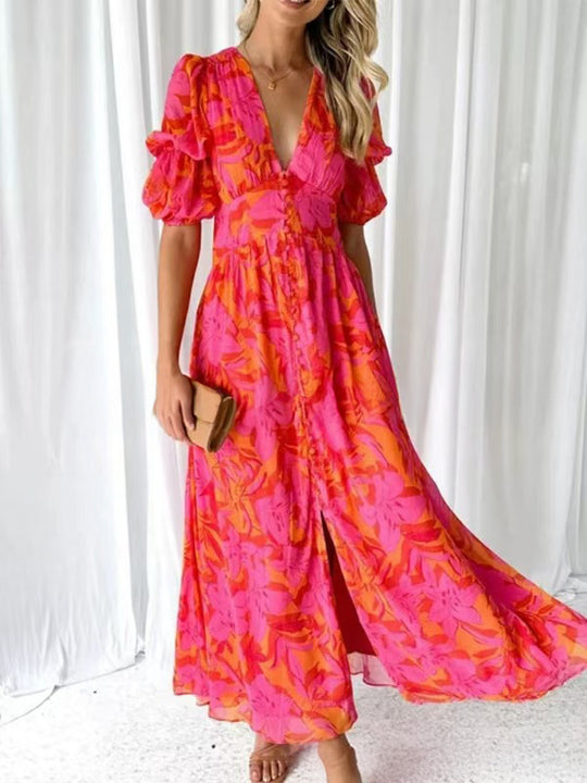 Damen Maxikleid mit Blumenmuster und V-Ausschnitt Heidi-Mode