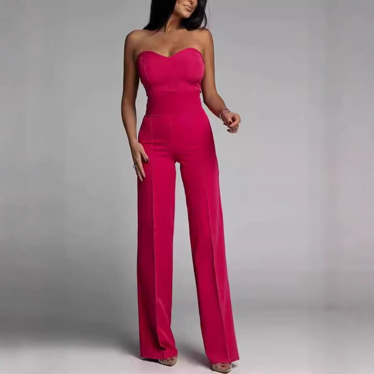 Damen schulterfreier Jumpsuit mit elegantem Herz-Ausschnitt und weitem Bein Heidi-Mode