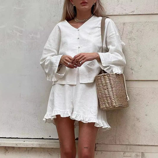 Damen Leicht ausgestelltes Set aus Bluse und Rock mit Rüschen Heidi-Mode