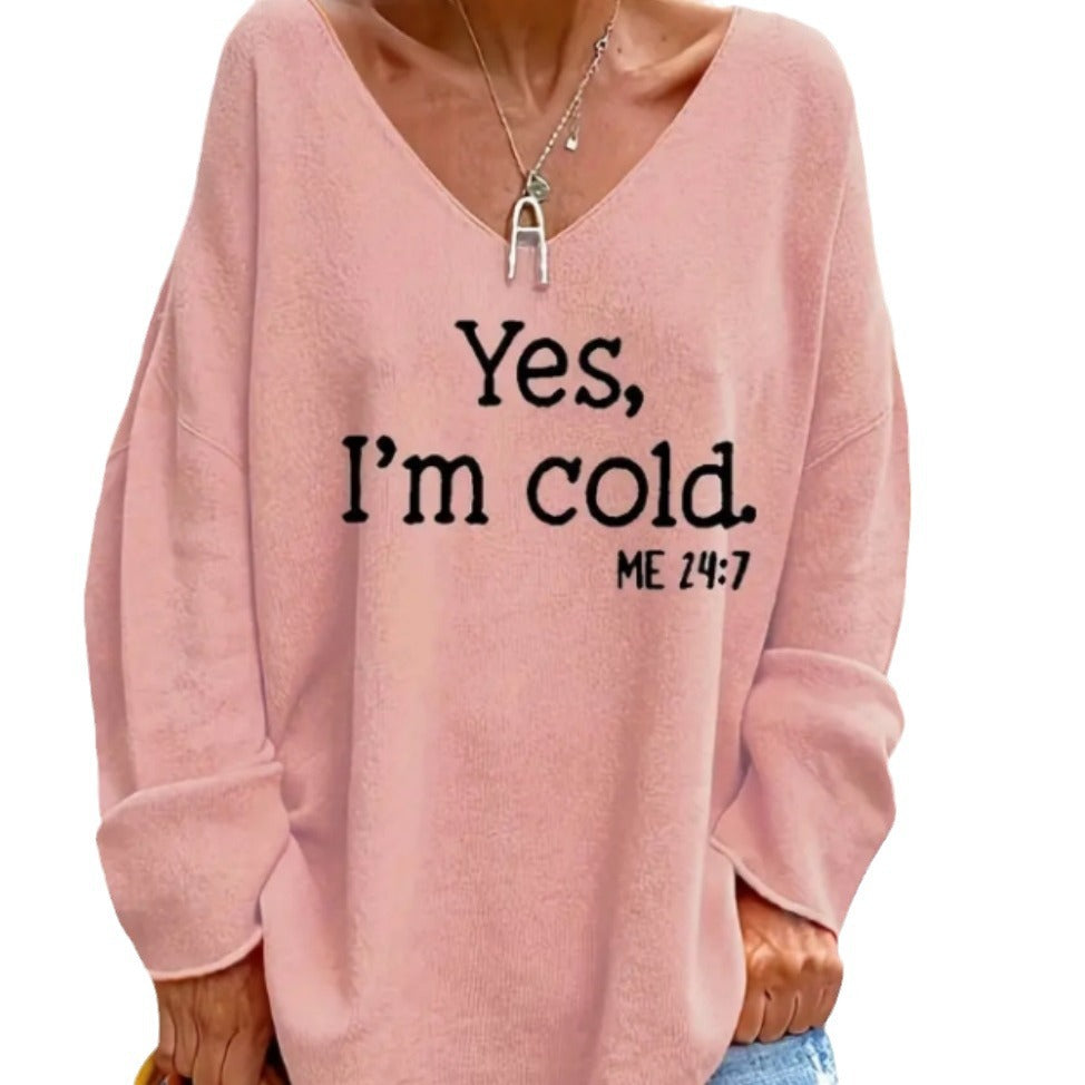 Damen Oversized Pullover mit modernem V-Ausschnitt und aufgedrucktem Statement Heidi-Mode