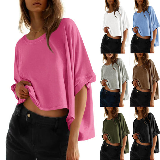 Damen lässiges cropped Oberteil mit weiten Ärmeln und Rundhalsausschnitt Heidi-Mode