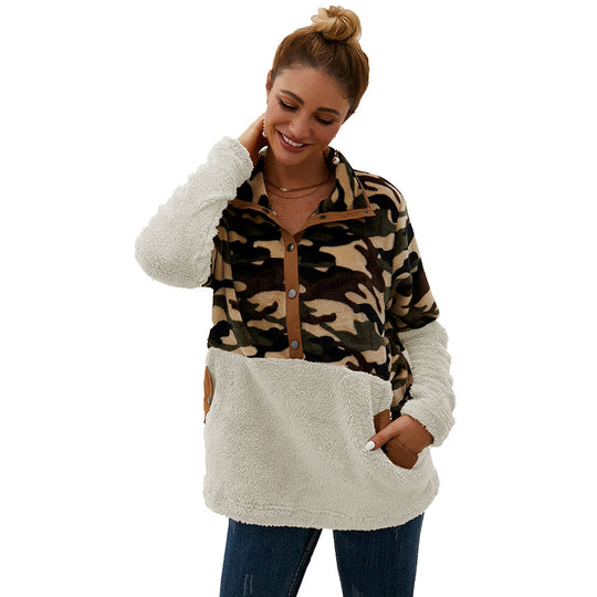 Damen warme Fleecejacke im Camouflage-Design mit hohem Kragen Heidi-Mode